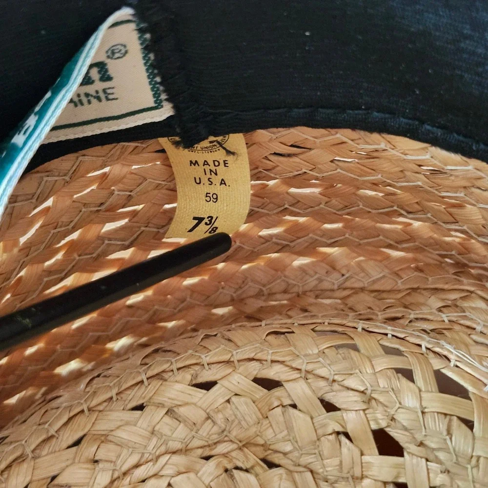Vintage LL Bean Macora Straw Sun Hat Plaid Trim Size 7 3/8 70s Preppy Summer